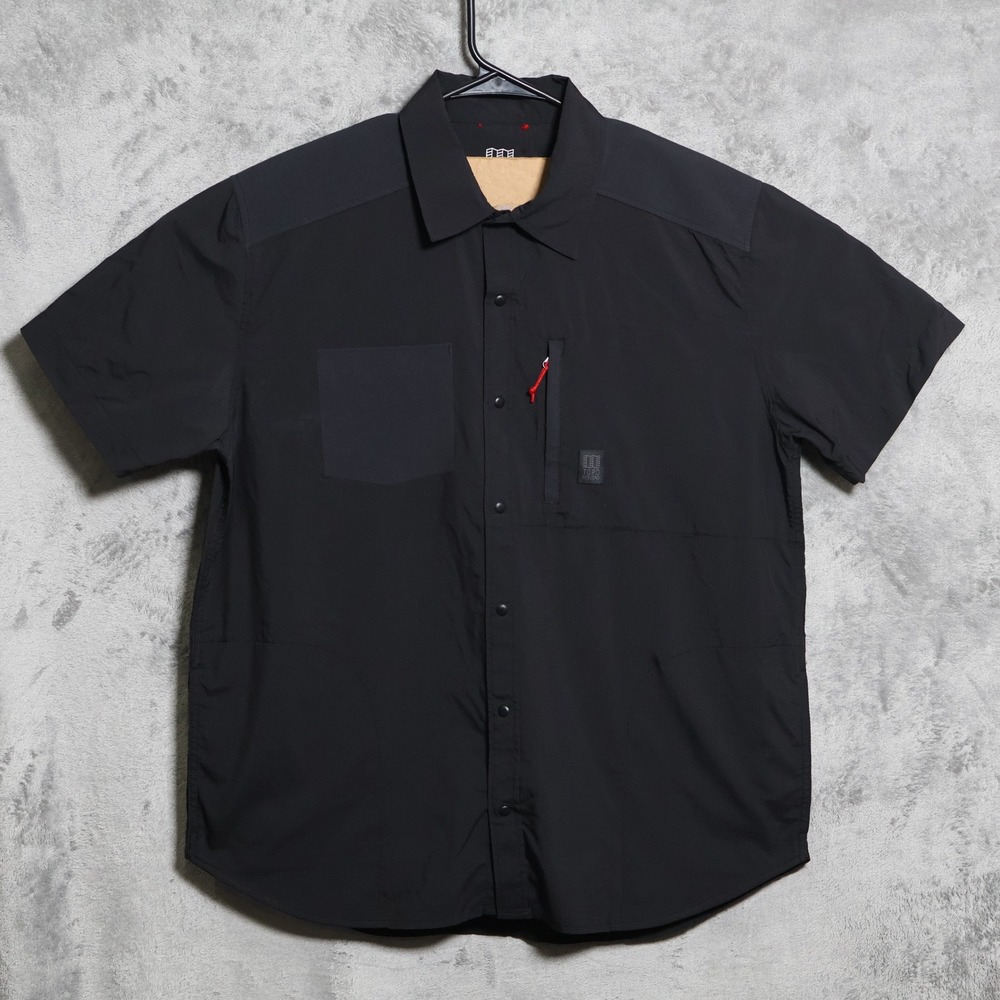 Topo Designs Tech Shirt Mens XL Black Short Sleeve Ripstop Snap Front Outdoor